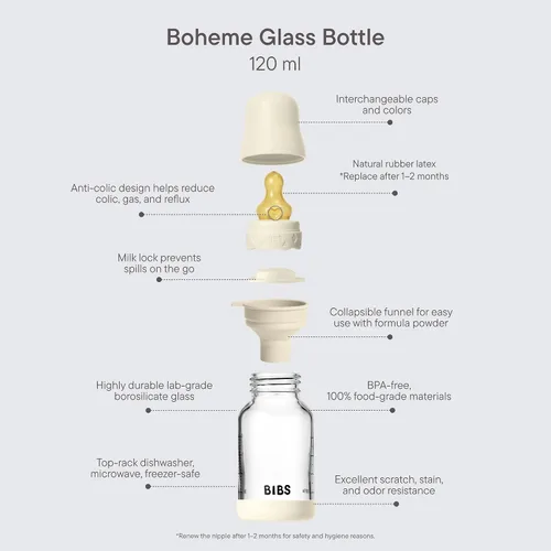 Miniatura 3 de BIBS Boheme - Botella de cristal para bebé, 4.1 fl oz, anticólicos, pezón redondo de látex de goma natural. Apoya la lactancia materna natural