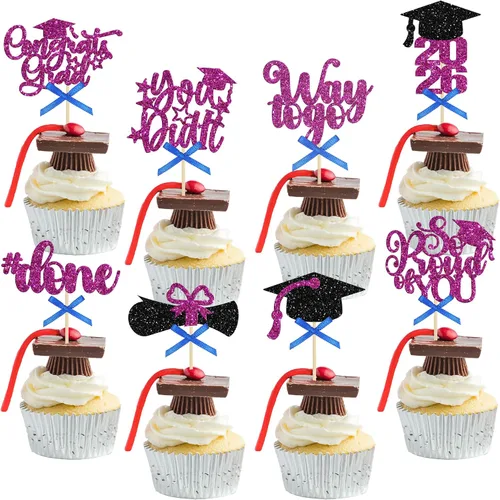 Miniatura 27 de Gyufise 1 paquete de decoración de pastel de graduación 2025 con purpurina de felicitaciones clase de 2025, decoración de pastel de diploma 2025