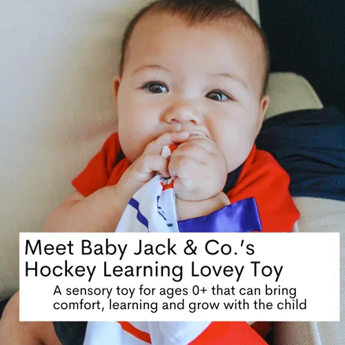 Miniatura 2 de Baby Jack & Co - Manta de felpa sensorial de hockey deportiva de 10 x 10 pulgadas, juguetes de etiqueta para bebés, juguetes para cochecito de bebé