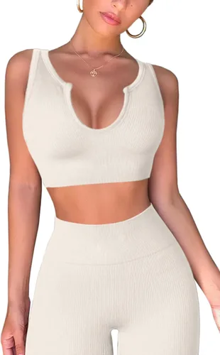 Miniatura 3 de QINSEN Conjuntos de entrenamiento para mujer, 2 piezas, acanalados, sin costuras, sin mangas, cintura alta, leggings de yoga