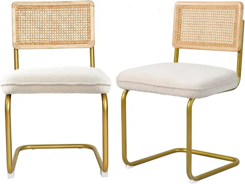 Miniatura 22 de CangLong Juego de 2 sillas de comedor de terciopelo, sillas de comedor de ratán con patas de metal y respaldo de ratán de malla natural, sillas
