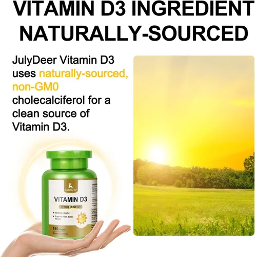 Miniatura 7 de JulyDeer Vitamina D3 2000 UI (50 mcg) 180 cápsulas blandas Apoya la salud inmunológica, la absorción de calcio y la fuerza ósea Esencial
