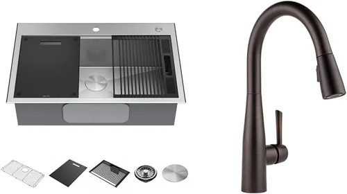Miniatura 17 de DELTA, Rivet - Lavaplatos de cocina de 33 pulgadas con estación de trabajo, montaje superior, acero inoxidable de calibre 16, cuenco individual +