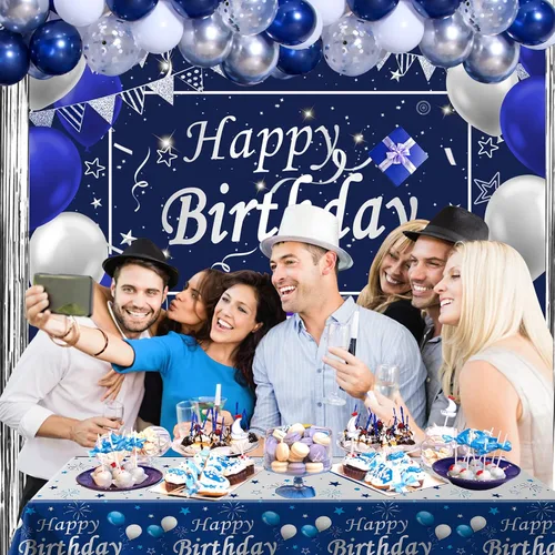 Miniatura 4 de Decoraciones de cumpleaños azules para hombres, decoraciones de feliz cumpleaños para hombres, mujeres, niños, decoración de fiesta, telón de fondo