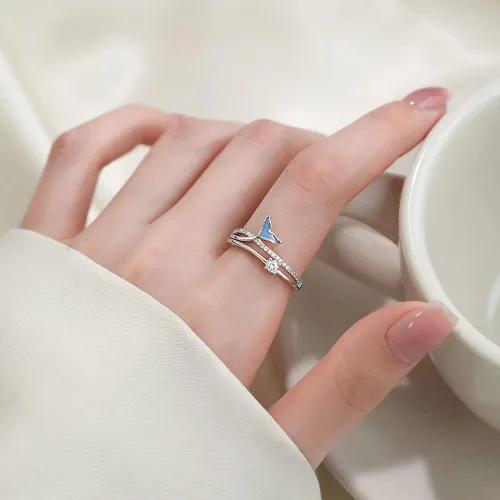 Miniatura 2 de Delicado anillo abierto de cola de sirena para mujer, circonita cúbica, cola de pez azul, doble capa, ajustable, apilables, anillos de compromiso