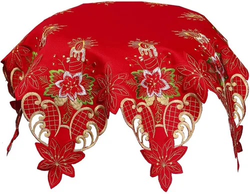 Miniatura 2 de Grelucgo Mantel pequeño bordado rojo navideño (octágono, 33 pulgadas)