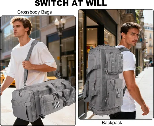 Miniatura 5 de LHI Bolsa de lona táctica de 50 L para hombres, bolsa de lona y mochila 3 en 1, compartimento para zapatos, funda para laptop y MOLLE, bolsa