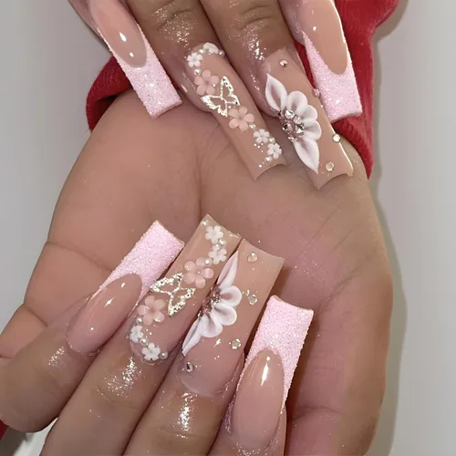 Uñas postizas a presión de mariposa, uñas postizas largas de punta francesa con diseño de ataúd rosa, diamantes de imitación de flores, pegamento