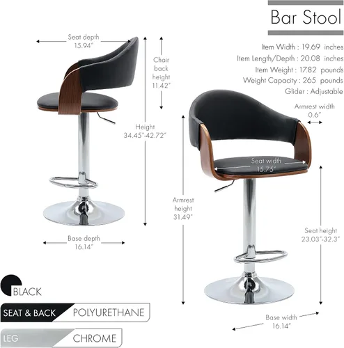 Miniatura 3 de Porthos Home Emir Mid-Century Taburete de bar, asiento giratorio, altura ajustable, tapicería de piel sintética resistente al agua y a las manchas