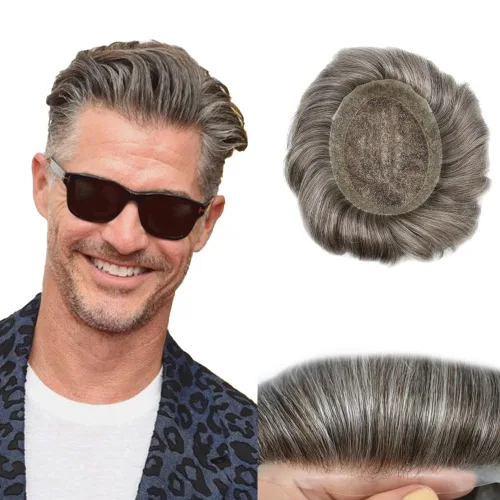 Miniatura 10 de Sistema de reemplazo de cabello de encaje francés para hombre, piezas de cabello de aspecto natural, color negro, marrón, rubio, gris, protesis