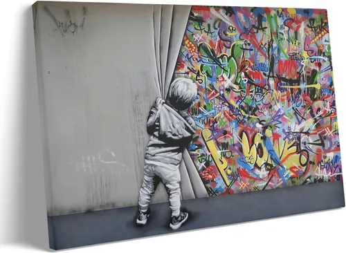 Miniatura 2 de MGSBCXN Arte de Pared en Lienzo Colorido Graffiti Banksy Póster Impresiones Un Niño Detrás de la Cortina Imagen Obra de Arte Abstracto Arte