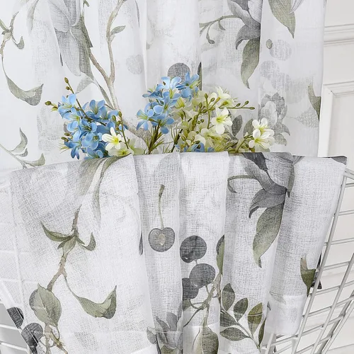 Miniatura 6 de Tollpiz Cortinas cortas y traslúcidas con estampado de mariposas y cerezo gris, media cortina con bolsillo para barra de cocina, cortinas