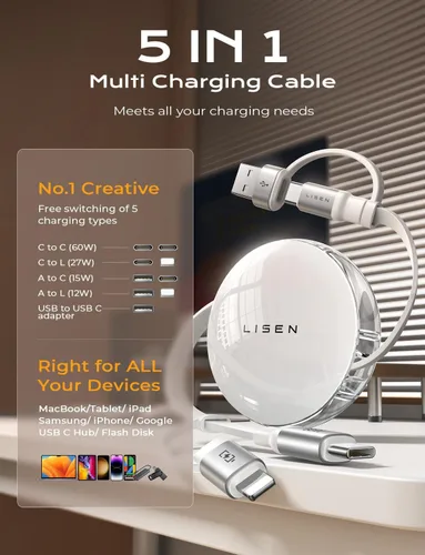 Miniatura 2 de LISEN Cable de carga retráctil 5 en 1, cable de carga múltiple de 60 W con puertos USB-C/A/L, cargadores retráctiles para múltiples dispositivos