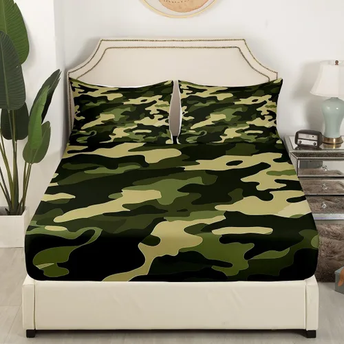 Miniatura 3 de Manfei Juego de sábanas de camuflaje verde tamaño individual, juego de sábanas de camuflaje militar, 3 piezas con sábana bajera de bolsillo profundo