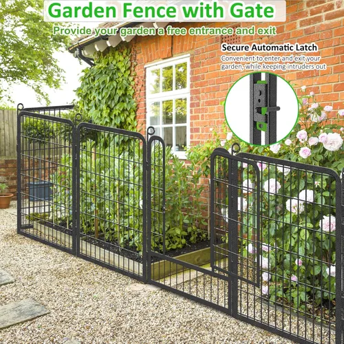 Miniatura 3 de Valla decorativa de jardín sin excavación con puerta, paneles de valla de metal inoxidables, 40 pulgadas de alto x 27 pies de largo, valla de jardín