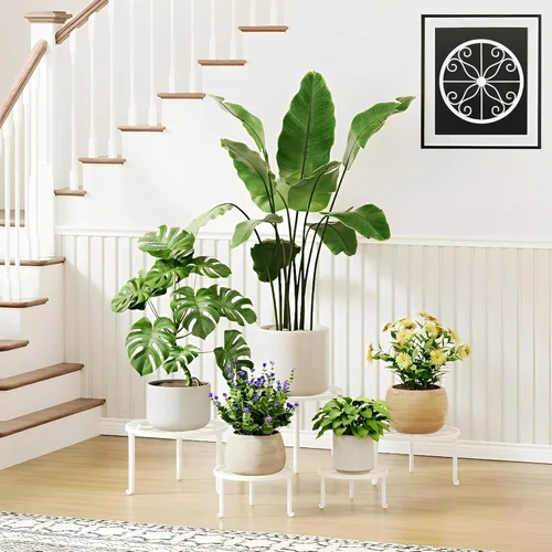 Paquete de 5 soportes para macetas de hierro resistentes a la oxidación para interiores y exteriores, soporte decorativo redondo para flores,