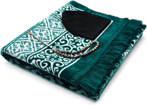 Miniatura 8 de ESERRA Juego de alfombrillas de oración de terciopelo todo en uno para el Islam, alfombra gruesa de oración musulmana, sombrero Kufi negro, piedra