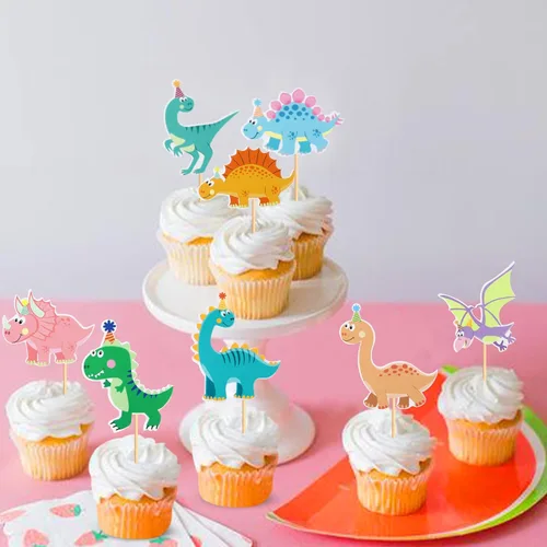 Miniatura 4 de Ercadio Paquete de 32 adornos para cupcakes de dinosaurios de dibujos animados, lindos dinosaurios para bebé, temática de dinosaurio, baby shower