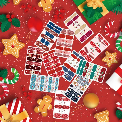 Miniatura 3 de 20 hojas de calcomanías de esmalte de uñas de Navidad, envolturas completas para mujeres, tiras de gel autoadhesivas de manicura con lima de uñas