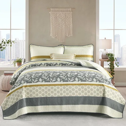 Miniatura 9 de DDUOXIN Edredón 100 % algodón, tamaño Queen, moderno, botánico, con 2 fundas de almohada, colcha con estampado floral a rayas, juego de ropa de cama