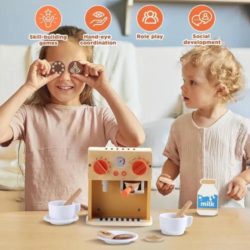 Miniatura 6 de GAGAKU Máquina de café de madera de juguete para niños, juego de máquina de café de simulación con accesorios para cocina de juego, juguetes