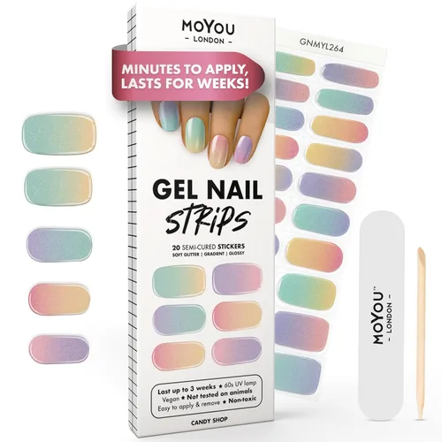 MOYOU LONDON Tiras de uñas de gel semicuradas, 20 unidades. Envolturas de uñas de gel impermeables, se cura con la luz solar o lámpara UV/LED, dura