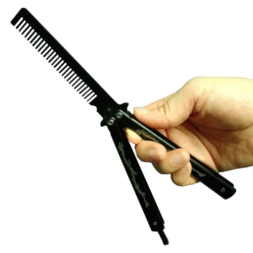 Miniatura 5 de cuchillo mariposa de acero inoxidable con tótem de dragón, entrenador con peine (negro)