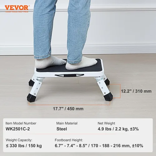 Miniatura 7 de VEVOR Escalera plegable de acero de 1 escalón de 330 libras de capacidad, altura ajustable, taburete antideslizante y resistente para adultos, niños