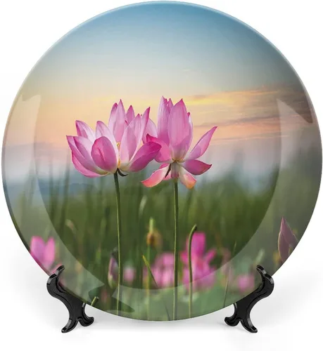 Miniatura 9 de Plato decorativo de 8 pulgadas, cerámica de loto, tatuaje bohemio zen, tono pastel, mandala abstracto de loto, placa de exhibición para mesa de Lila