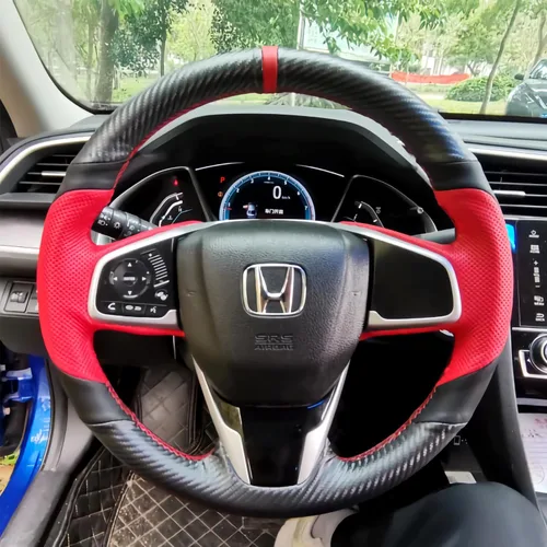 Miniatura 2 de Cubierta de volante de cuero perforado rojo con fibra de carbono mate negro para Honda Civic 2016-2021/CR-V 17-21/Clarity 16-18/Breeze