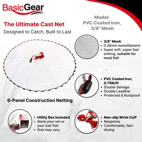 Miniatura 2 de BasicGear Red de Atarraya Radio de 3-12 pies, malla de 3/8 o 1/4 pulgadas para peces de cebo de agua dulce y salada Grado profesional
