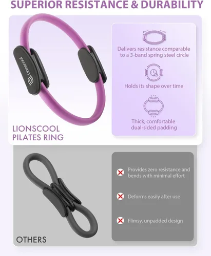 Miniatura 8 de LIONSCOOL Juego de Anillo de Pilates – Círculo Mágico Antideformación de 14 pulgadas con Asas Acolchadas, Mini Pelota, Bandas de Resistencia, Guía
