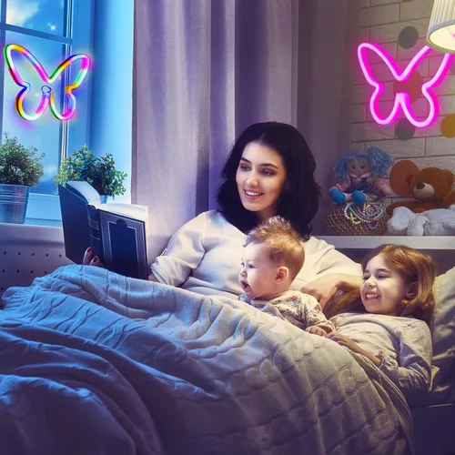 Miniatura 5 de Riakrum 2 Piezas de Letreros de Neón de Mariposa, Luz LED Alimentada por Batería 3AA Operada por USB, Decoración de Luz de Neón de Pared, Arte