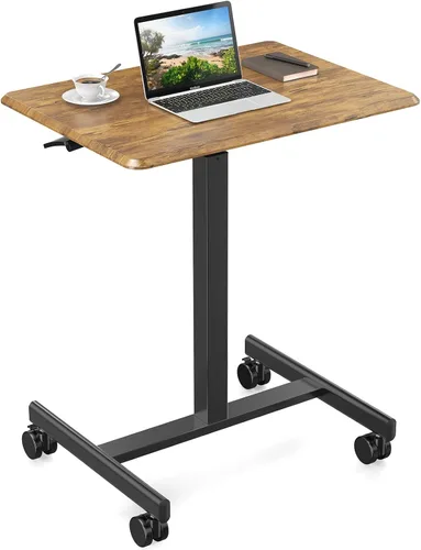 DUMOS Escritorio pequeño de pie móvil portátil con ruedas para laptop y PC, mesa ajustable en altura para computadora, estación de trabajo para