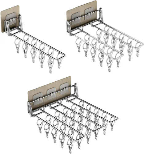 Miniatura 2 de Colgador montado en la pared para balcón, estante de secado de ropa plegable de acero inoxidable, organizador de clip de almacenamiento para ropa