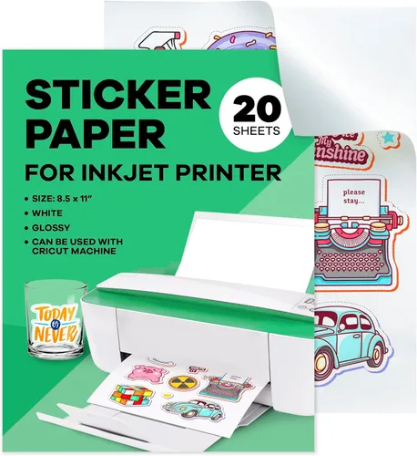 Papel adhesivo para impresora de inyección de tinta (20 hojas), tamaño carta de 8.5 x 11 pulgadas, papel adhesivo de vinilo blanco brillante,