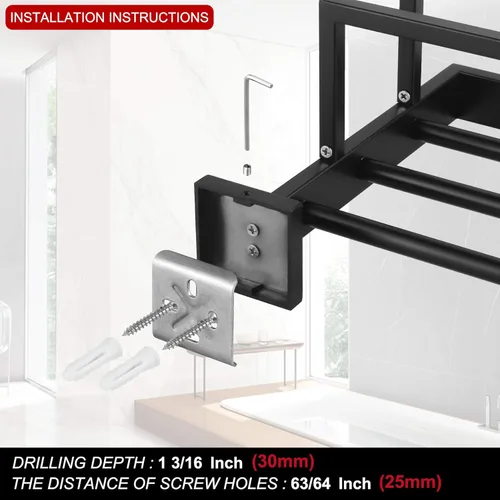 Miniatura 5 de KOKOSIRI Toallero negro mate de 24 pulgadas, estante de toalla de baño con barras de toalla dobles SUS304 de acero inoxidable montado en la pared
