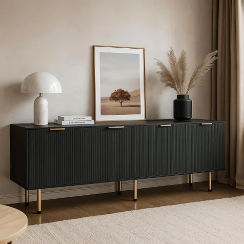 Miniatura 2 de Soporte de TV para TV de 80 pulgadas, soporte de TV acanalado para sala de estar, soporte de TV moderno de mediados de siglo con estante ajustable