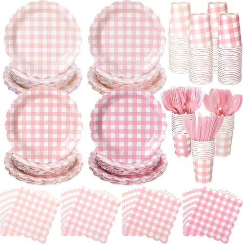 Miniatura 7 de Yaomiao Juego de vajilla desechable de 175 piezas de platos de papel marrón con cuchillo de plástico, cuchara, tenedor, cuchara, decoración de boda