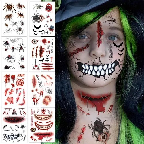 Tatuajes temporales de gran tamaño, 10 hojas de tatuajes de cosplay de Halloween, tatuajes temporales realistas de boca grande, tatuaje de cicatriz,