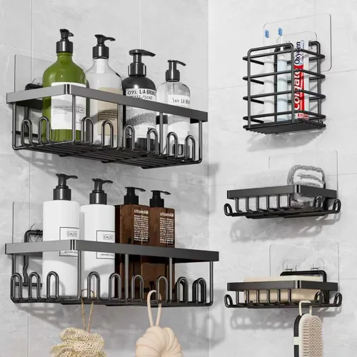 Juego de 5 organizadores adhesivos para ducha, organizador de acero inoxidable a prueba de óxido para almacenamiento en el baño con gran capacidad,