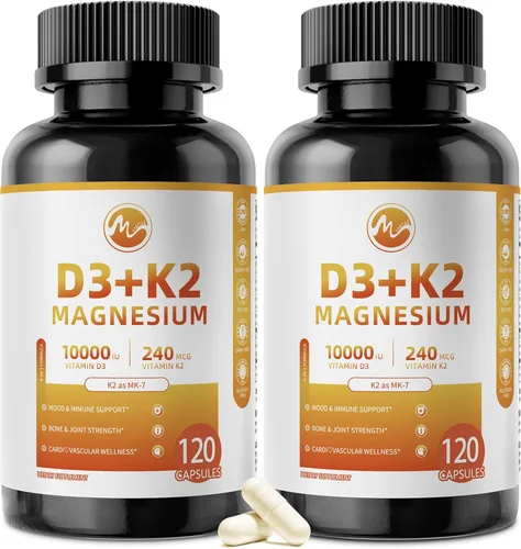 Miniatura 10 de M inch Vitamina D3 K2 con magnesio, vitamina D3 10000 UI, vitamina K2 MK-7 240 mcg, suplemento de vitamina K2 D3 6 en 1 con quercetina para hueso