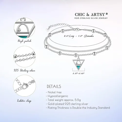 Miniatura 37 de CHIC & ARTSY Tobilleras de plata de ley S925 para mujer, pulsera de tobillo ajustable multicapa para playa, joyería de verano para mujer, de 10 a 11