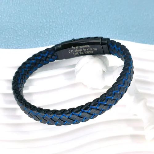 Miniatura 31 de Pulsera de cuero trenzado con texto en inglés «Love You Forever» para hombres y niños, pulsera inspiradora de acero inoxidable, pulsera de cuero
