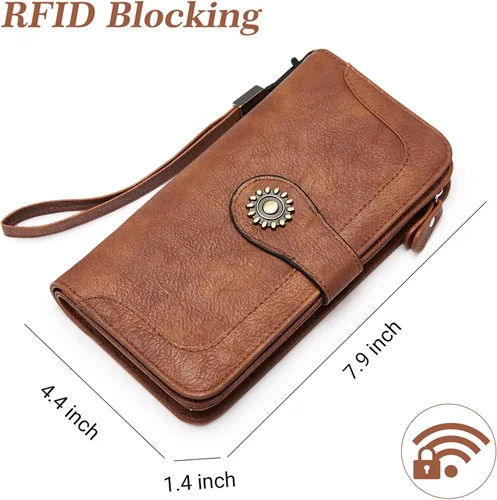 Miniatura 2 de BROMEN Billeteras de cuero para mujer, cartera grande de mano para teléfono, 1- marrón , Casual