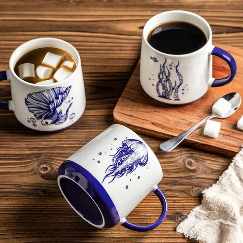 Miniatura 6 de AmorArc Juego de 4 tazas de café grandes de cerámica de 16 onzas con patrones de vida marina para té, café con leche y cacao. Fácil de sostener