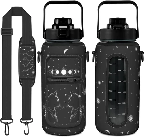 Miniatura 23 de Goth Moon Botella de agua de medio galón con funda - Botella de agua con tapa abatible sin BPA de 32 onzas - con marcador de tiempo, jarra de agua a
