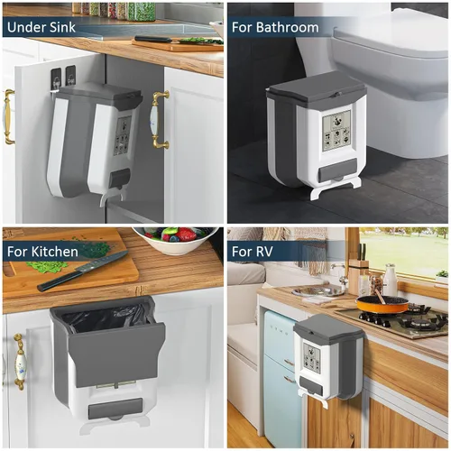 Miniatura 6 de HI NINGER Bote de basura pequeño con tapa, blanco grisáceo, 2.4 galones, plegable, sello de olor, cubo de compost de cocina, colgante, portátil