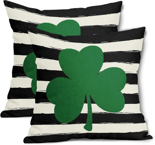 Juego de 2 fundas de almohada cuadradas del Día de San Patricio de 16 x 16 pulgadas, diseño de trébol verde a rayas negras, fundas de almohada