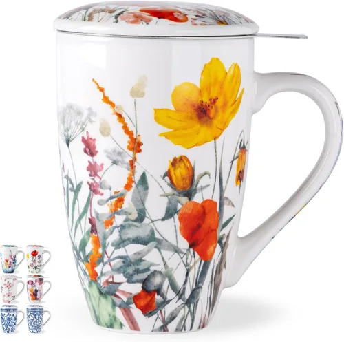 Miniatura 10 de AmorArc Taza de té de porcelana de 18 onzas con infusor y tapa, taza de té de hojas sueltas con colador de acero inoxidable, taza de café grande